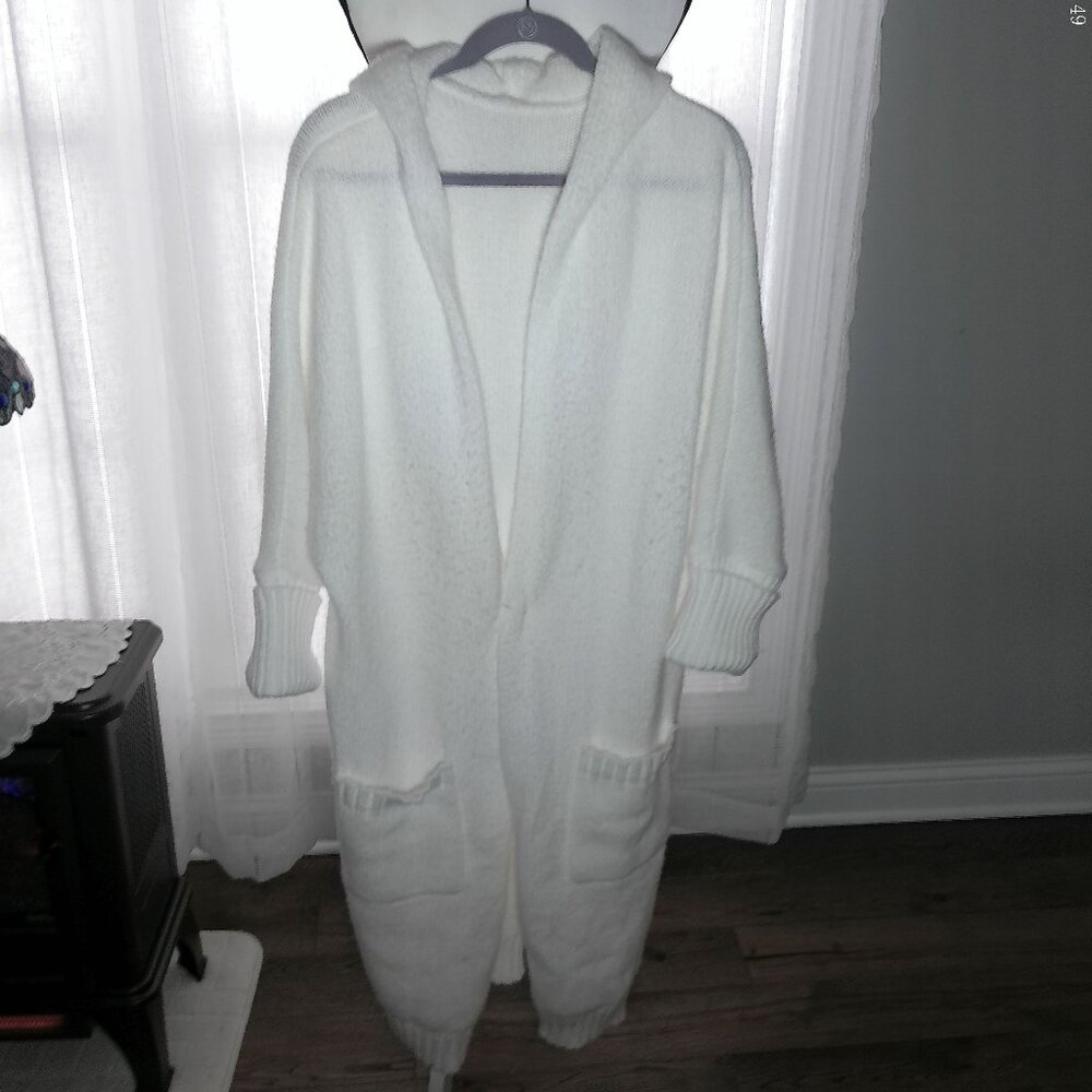Amazon Cardigan Midi Sweater w/Hood Open Front White w/Exposed Seams XXL